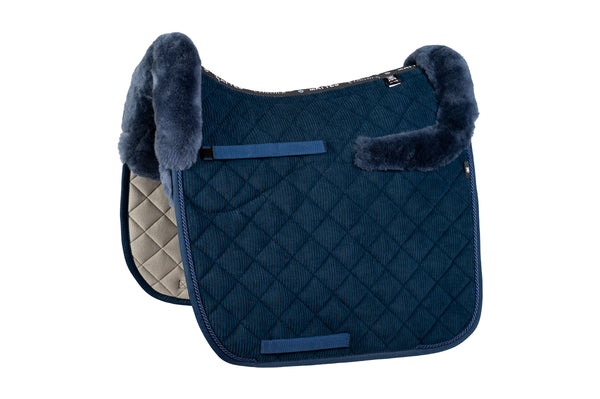 Mattes Schabracke Dressur Cord Navy Lammfell vorne + Sitzbereich HW25